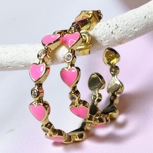 Fun Romantic Enamel Pink Heart Crystal Hoop Earrings